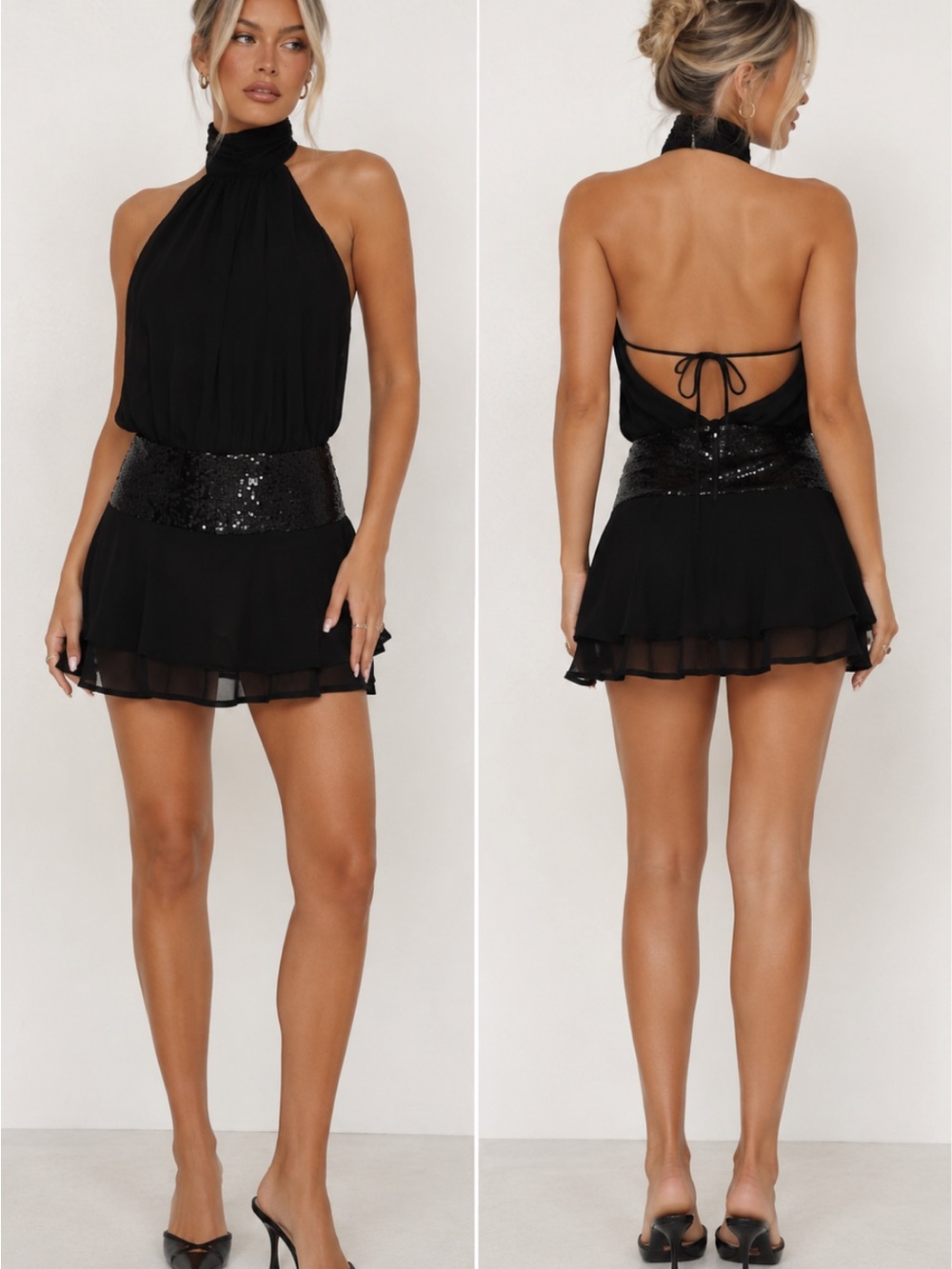 Princess Polly Black Halter Open-Back Mini Dress with Sequin Waistband